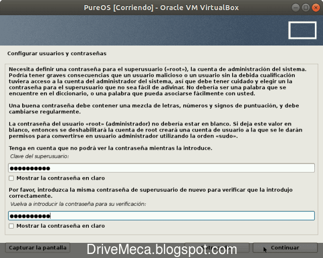 Escribimos una contraseña para nuestra cuenta root en Linux PureOS