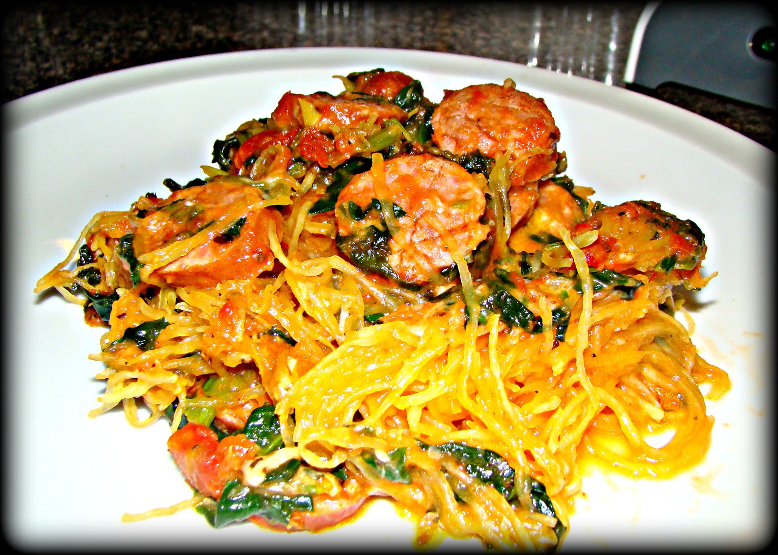 Apple Pie Chronicles Spaghetti Squash with Turkey Kielbasa