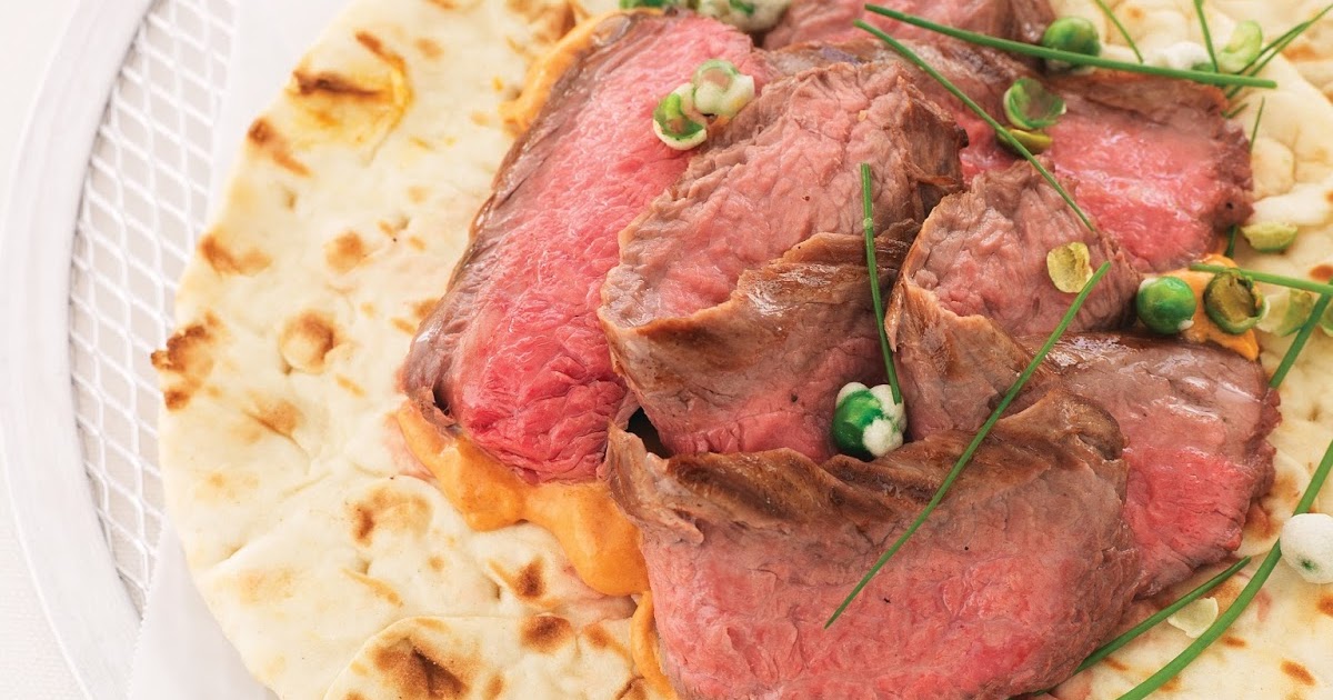 Grilled Flank Steak with Red Curry Cream and Wasabi Peas