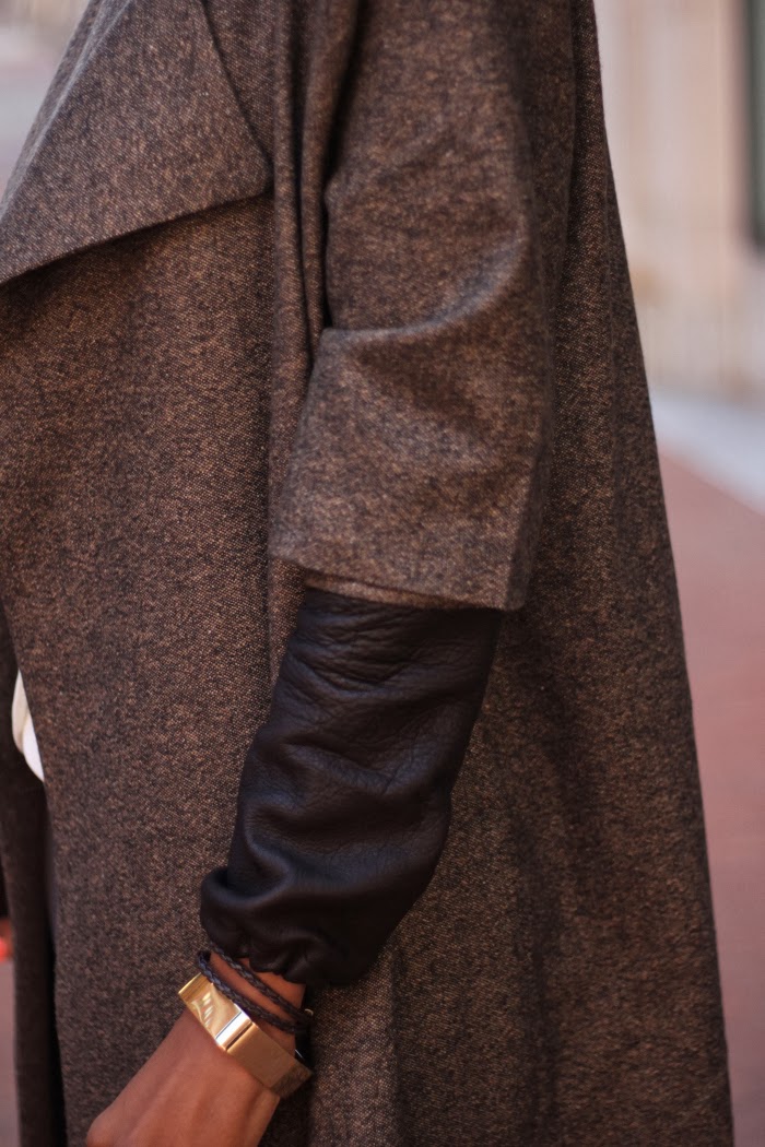Coat made with Mood Fabrics' Italian wool and paired with leather arm warmers.