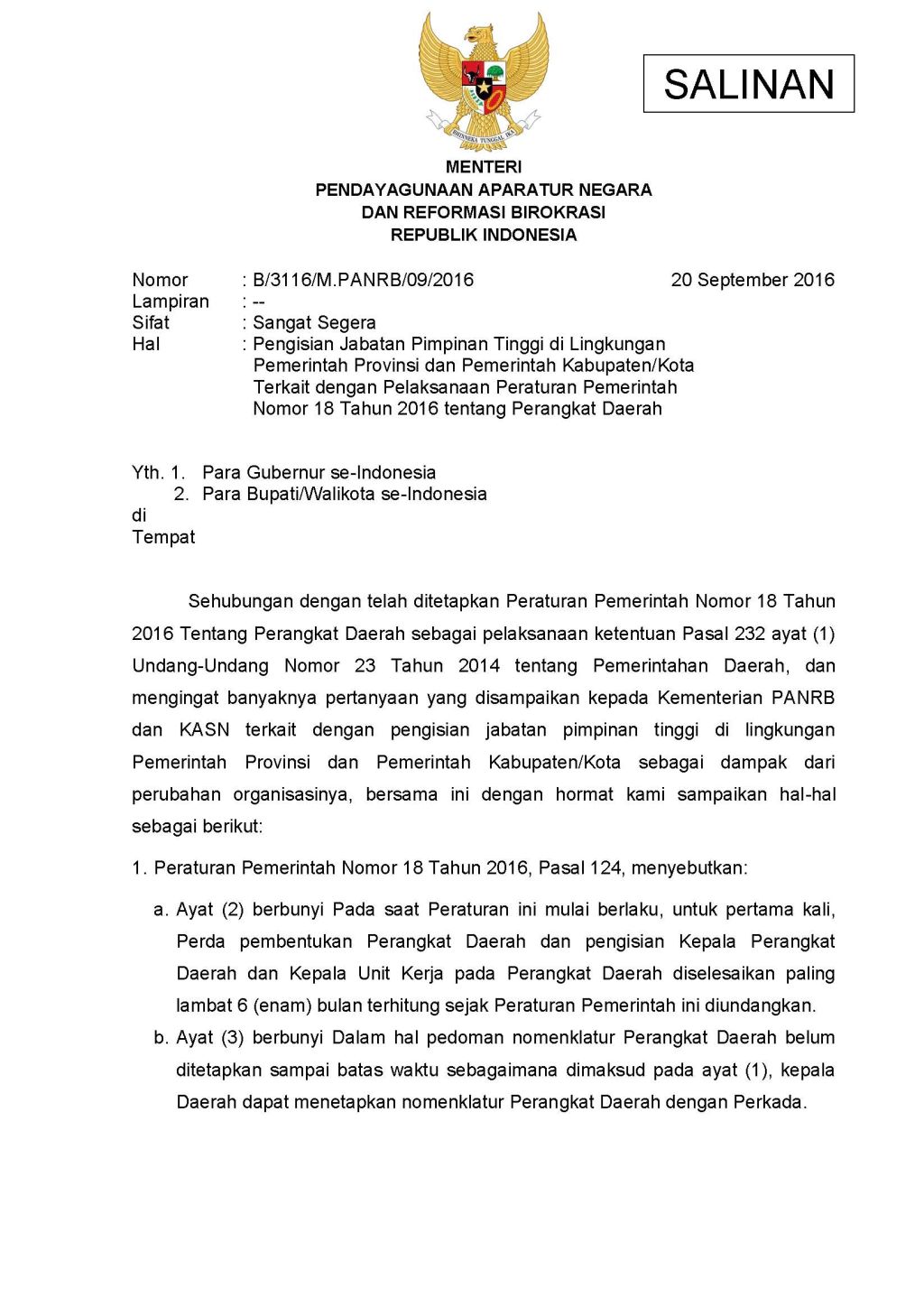 Surat Menteri PANRB Tentang Pengisian Jabatan Pimpinan ...