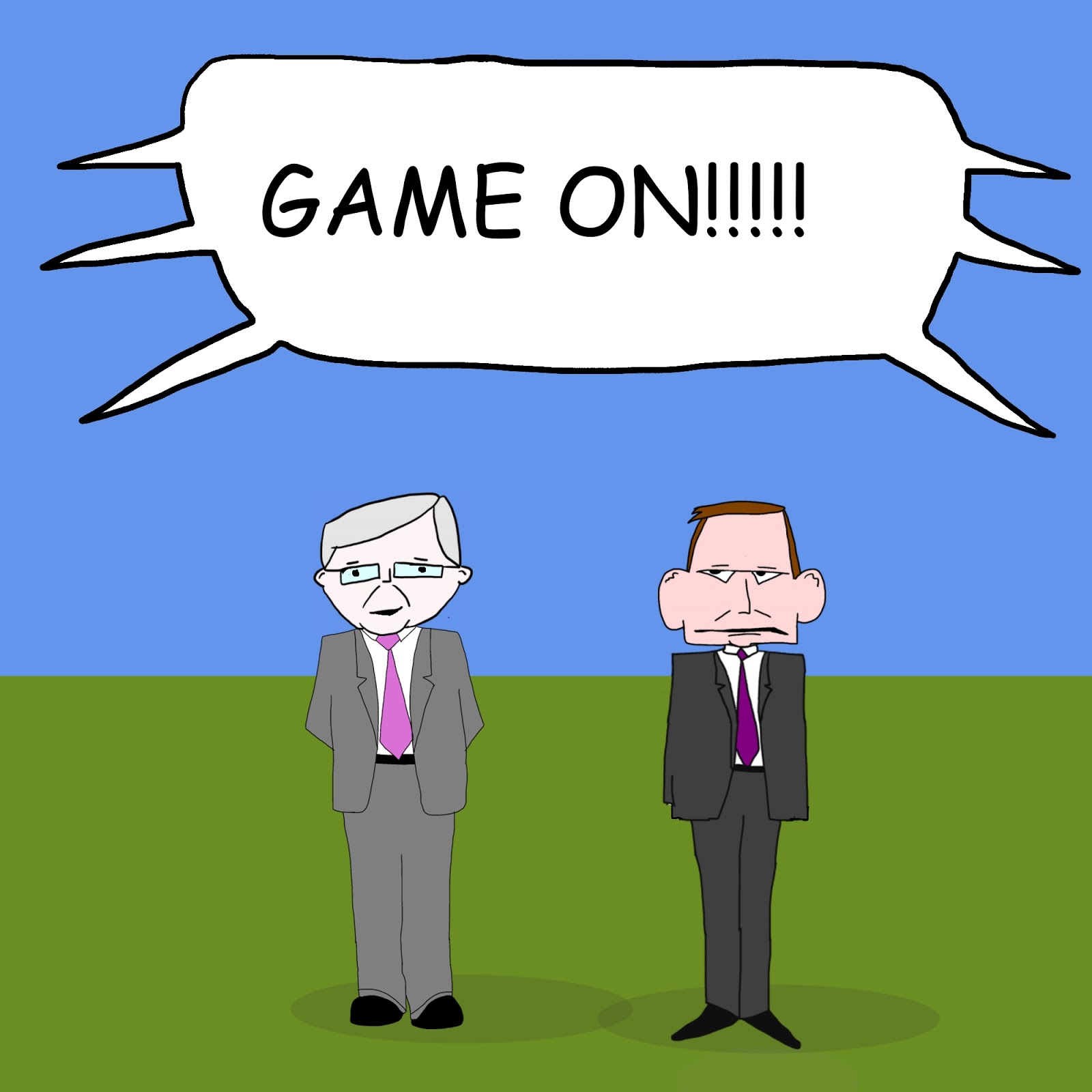 laberal Rudd and Abbott. Let the battle (lines) begin. Cartoon.