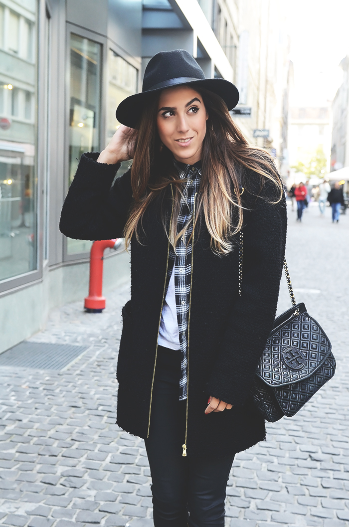 Alison Liaudat - Urban Outfitter Hat, Tory Burch Bag, Zara Black Coat ...