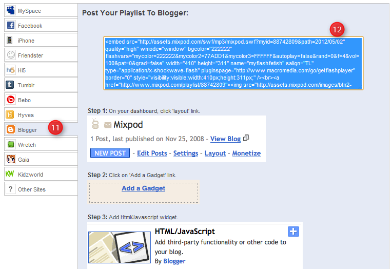 copier code html lecteur mp3 pour Blogger