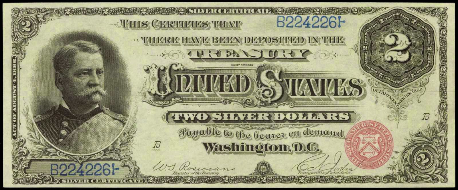 1886 Two Dollar Silver Certificate General Winfield Scott Hancock