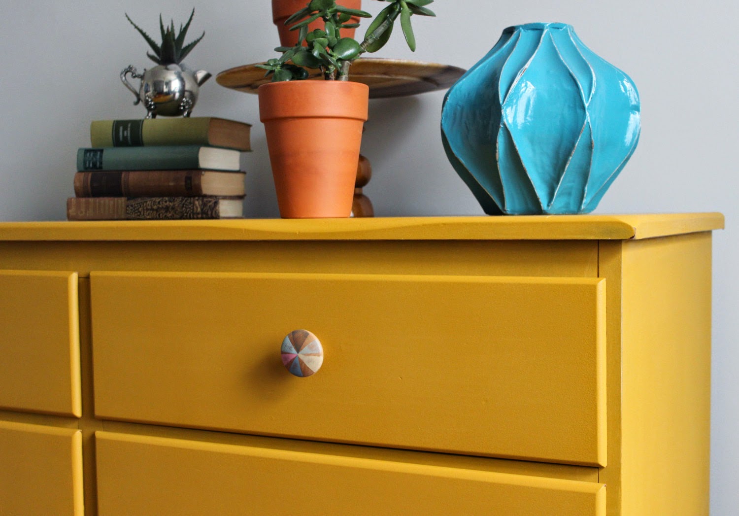 Poppyseed Creative Living Mustard Yellow Dresser with Hand Painted Knobs