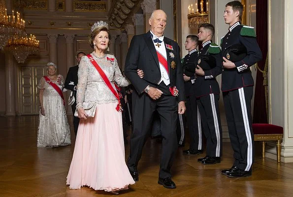 Crown Prince Haakon, Crown Princess Mette-Marit and Princess Astrid attended the gala dinner. Diamond tiara, diamond earrings and necklace