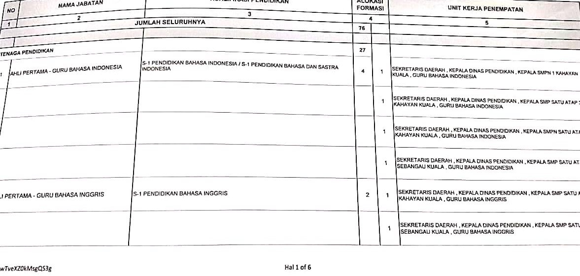 Formasi CPNS Kabupaten Pulang Pisau Provinsi Kalimantan Tengah Tahun 2019