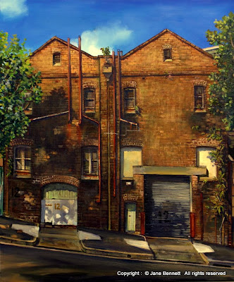 Plein air oil painting of abandoned derelict 'Darling Island Bond and Free' warehouse, Pyrmont st Pyrmont by industrial heritage artist Jane Bennett