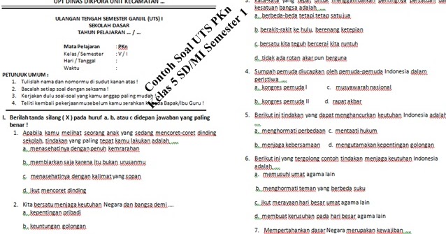 Contoh Soal Uts Pkn Kelas 5 Sd Semester 1 Dan Kunci Jawaban