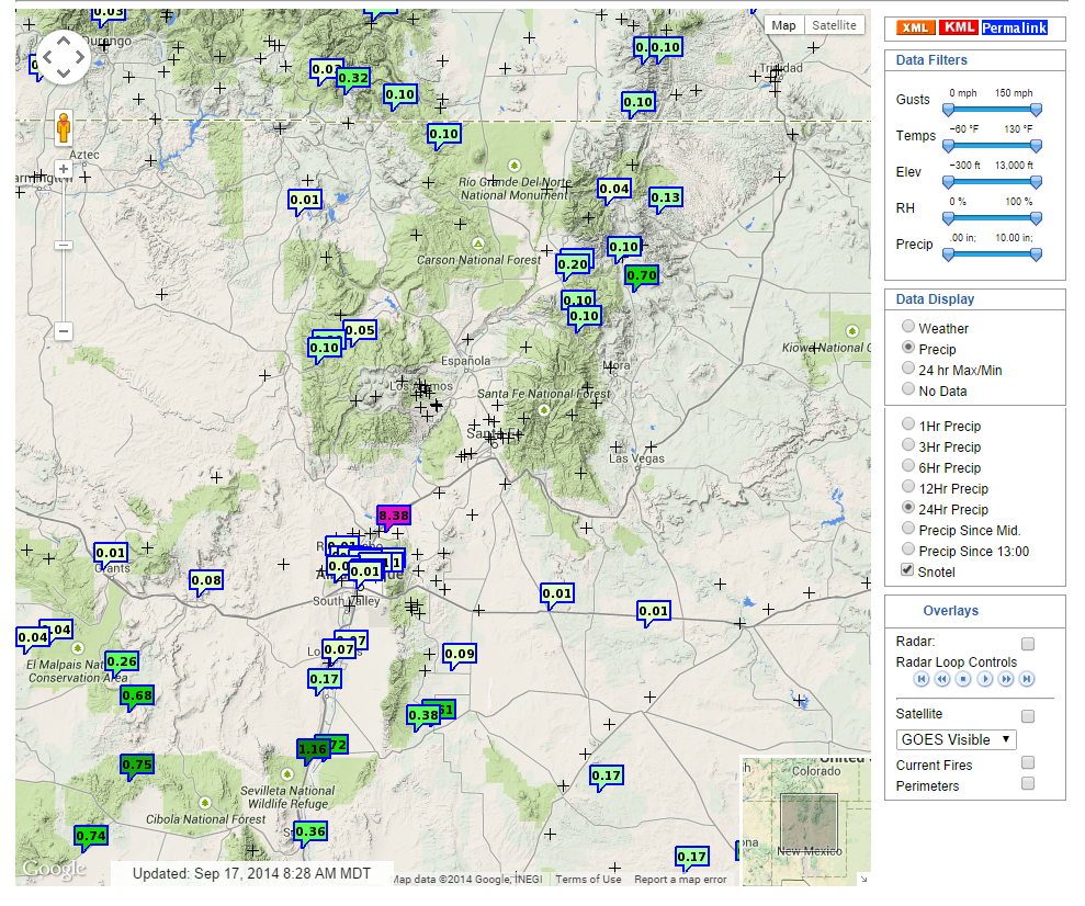 SE NM Rainfall Totals From T.S. Odile. Wednesday, Sept 17, 2014.