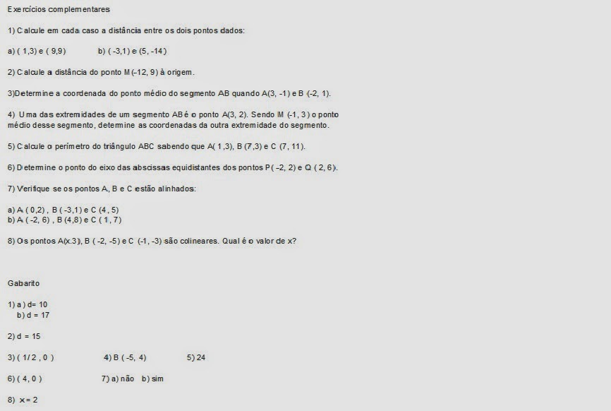 MATEMÁTICA JOÃO WIDEMANN: Exercícios Complementares: Distância entre ...