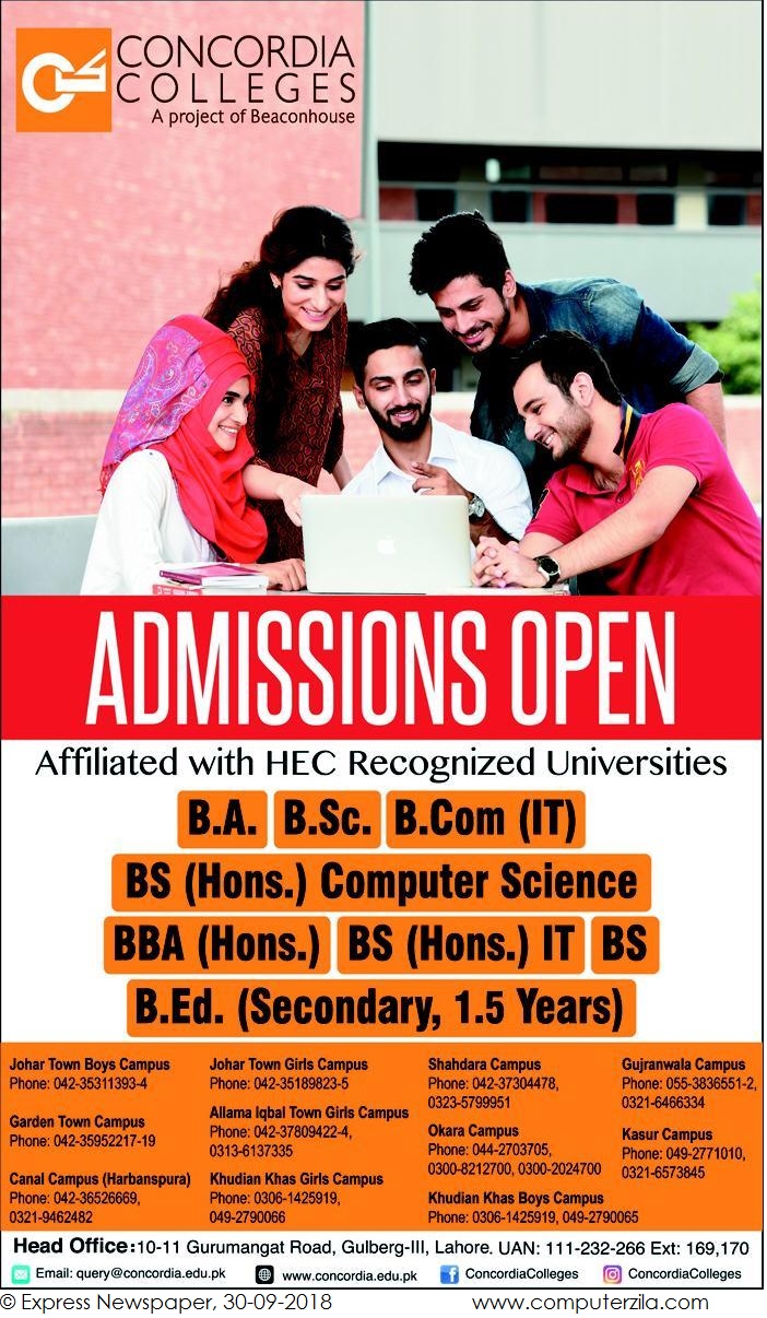 Admissions Open For Fall 2018 At CONCORDIA Lahore Campus