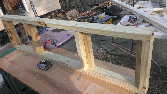 Sauna bench framing with blocking and L-corners to attach the top boards from underneath. Sauna bench framing with blocking and L-corners to attach the top boards from underneath.
