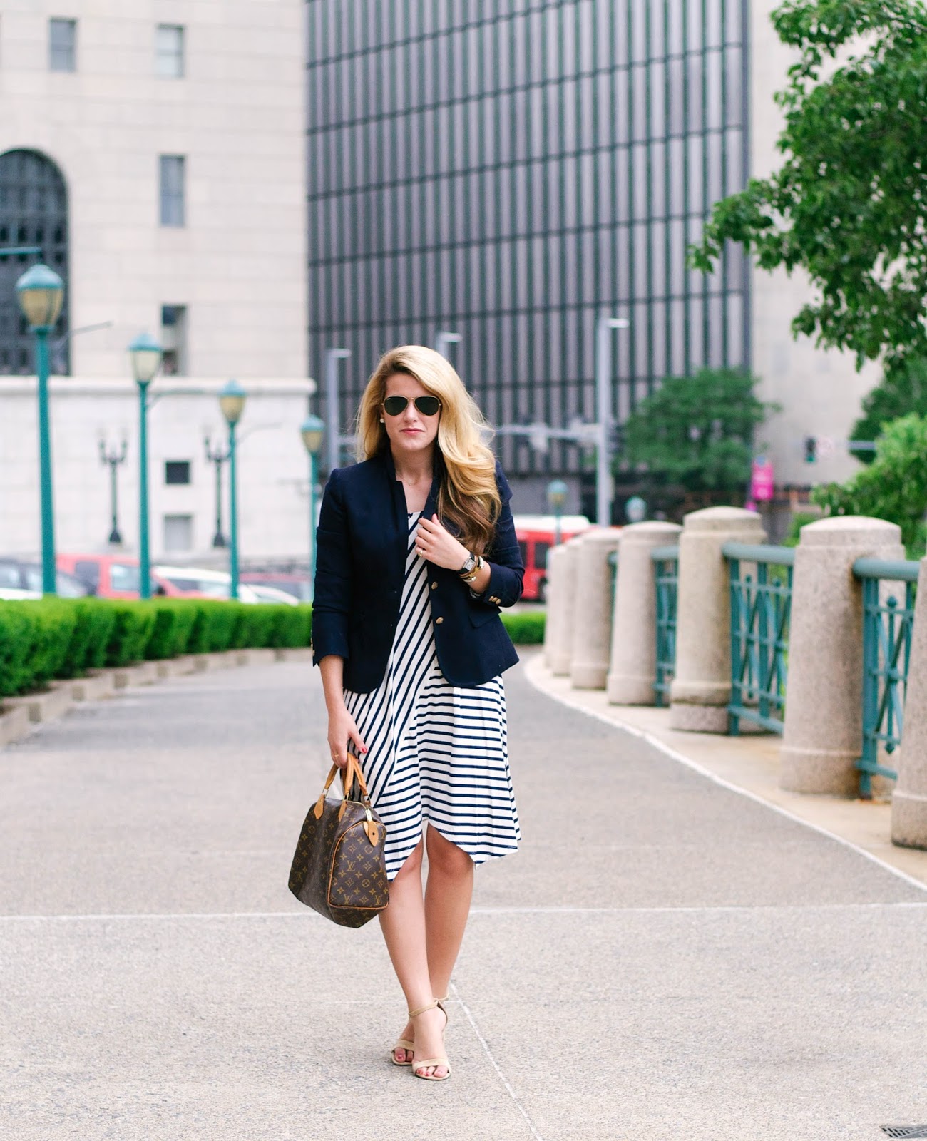 White Striped Dress with Navy Blazer