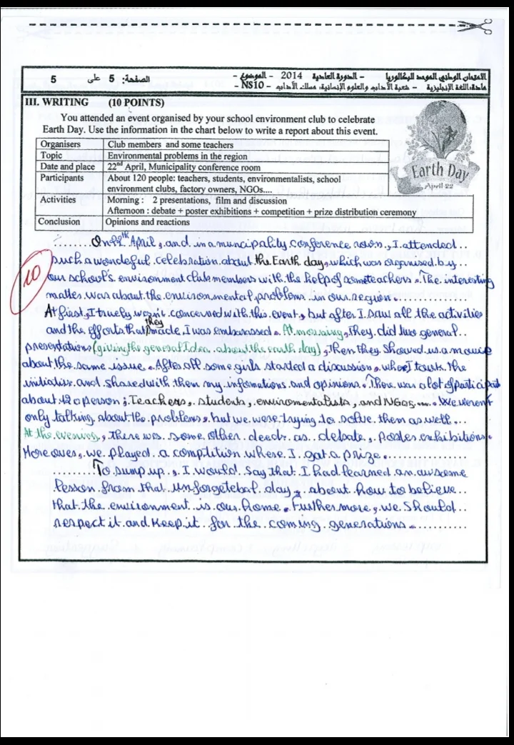 الإنجاز النموذجي (19.75/20)؛ الامتحان الوطني الموحد للباكالوريا، الإنجليزية، مسلك الآداب 2014