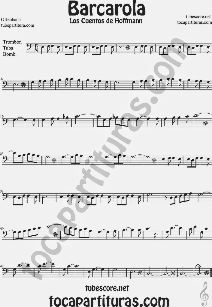 Barcarola Partitura de Trombón, Tuba Elicón y Bombardino Sheet Music for Trombone, Tube, Euphonium Music Scores Los cuentos de Hoffmann by Offenbach