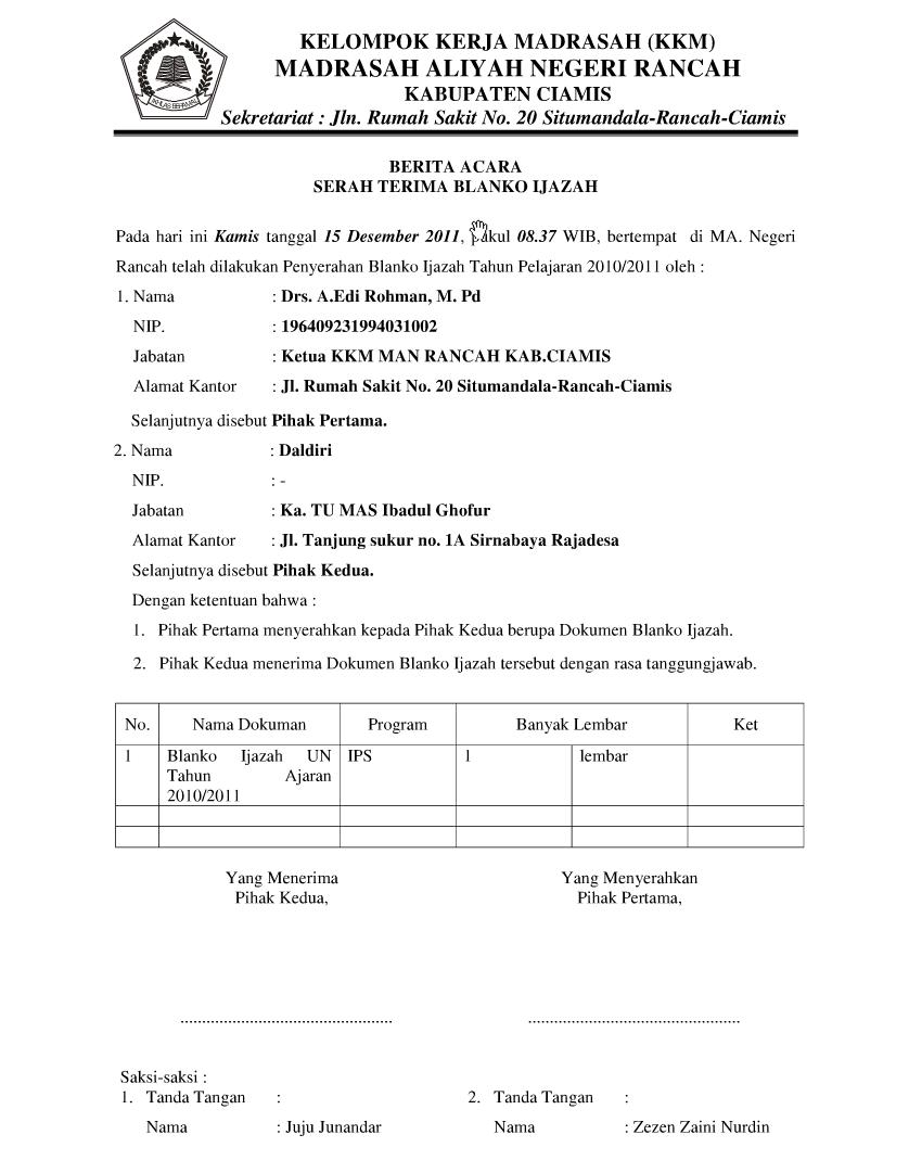 Contoh Surat Berita Acara Serah Terima Uang