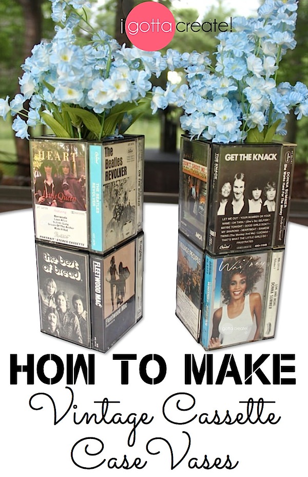 Love! Cassette case vase tutorial ~ great conversation centerpiece at a music theme #party or #wedding | Tutorial at I Gotta Create!