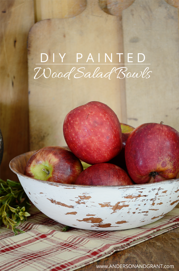DIY Hand painted and distressed wood salad bowl from www.andersonandgrant.com