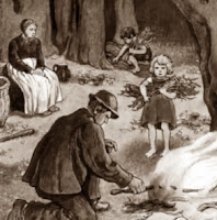 Hansel y Gretel con su padre y su madrastra
