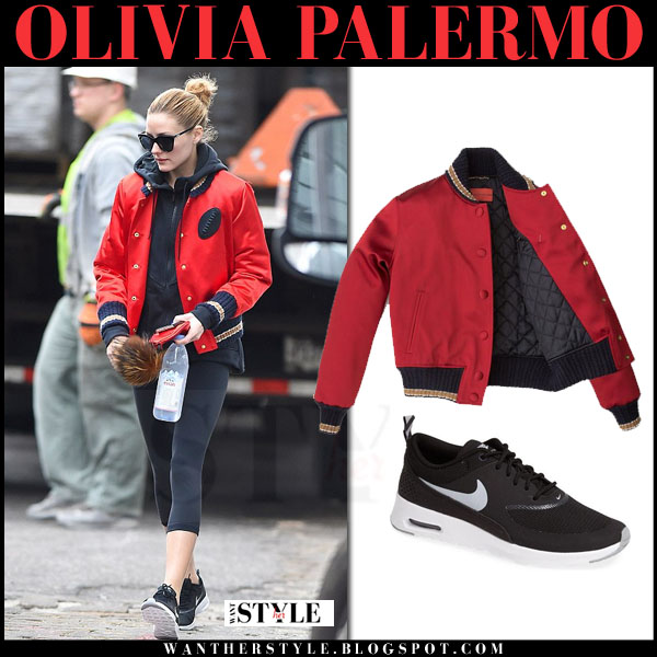 skuffe Ritual Til ære for Olivia Palermo in red satin bomber jacket and black leggings in New York on  April 7 ~ I want her style - What celebrities wore and where to buy it.  Celebrity Style