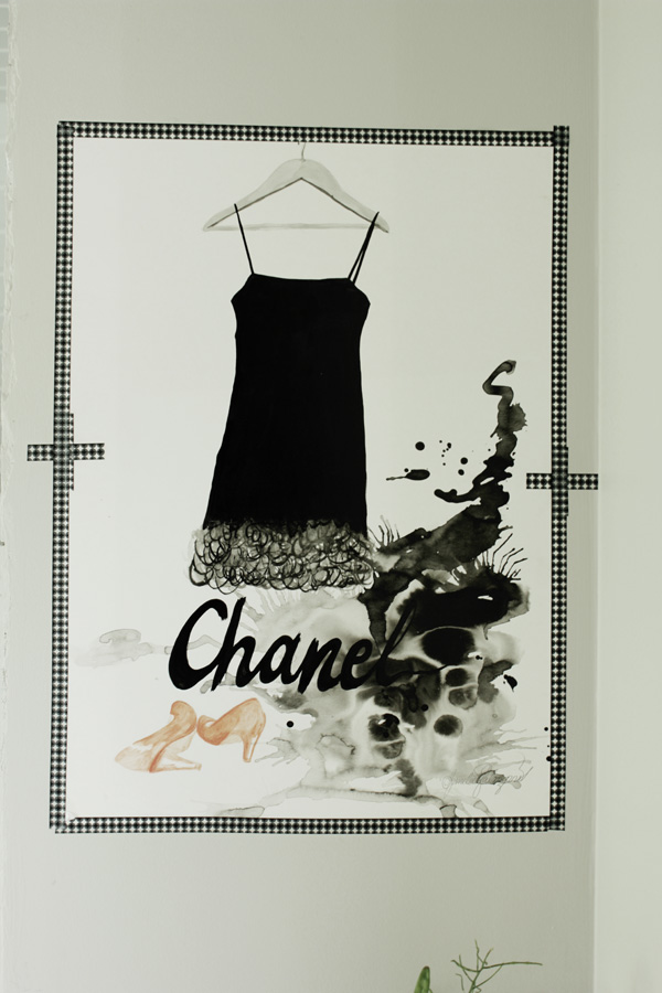 artprint chanel, tavla chanel, klänning tavla, svart vit och röd tavla, washitejp print, inspiration tavlor