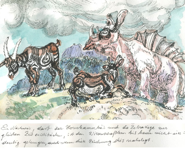 fabelwesen, fabeltier, paläontologie, erdgeschichte, zeichnung, illustration, fantasietier, chimäre, bär, ziege, bock, zebra