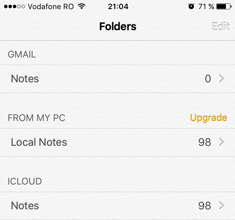 iOS 9 Notes Upgrade button
