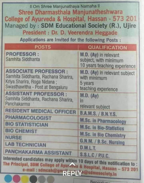 Ayurveda Jobs Vacancy for Teaching Faculties in Following Colleges