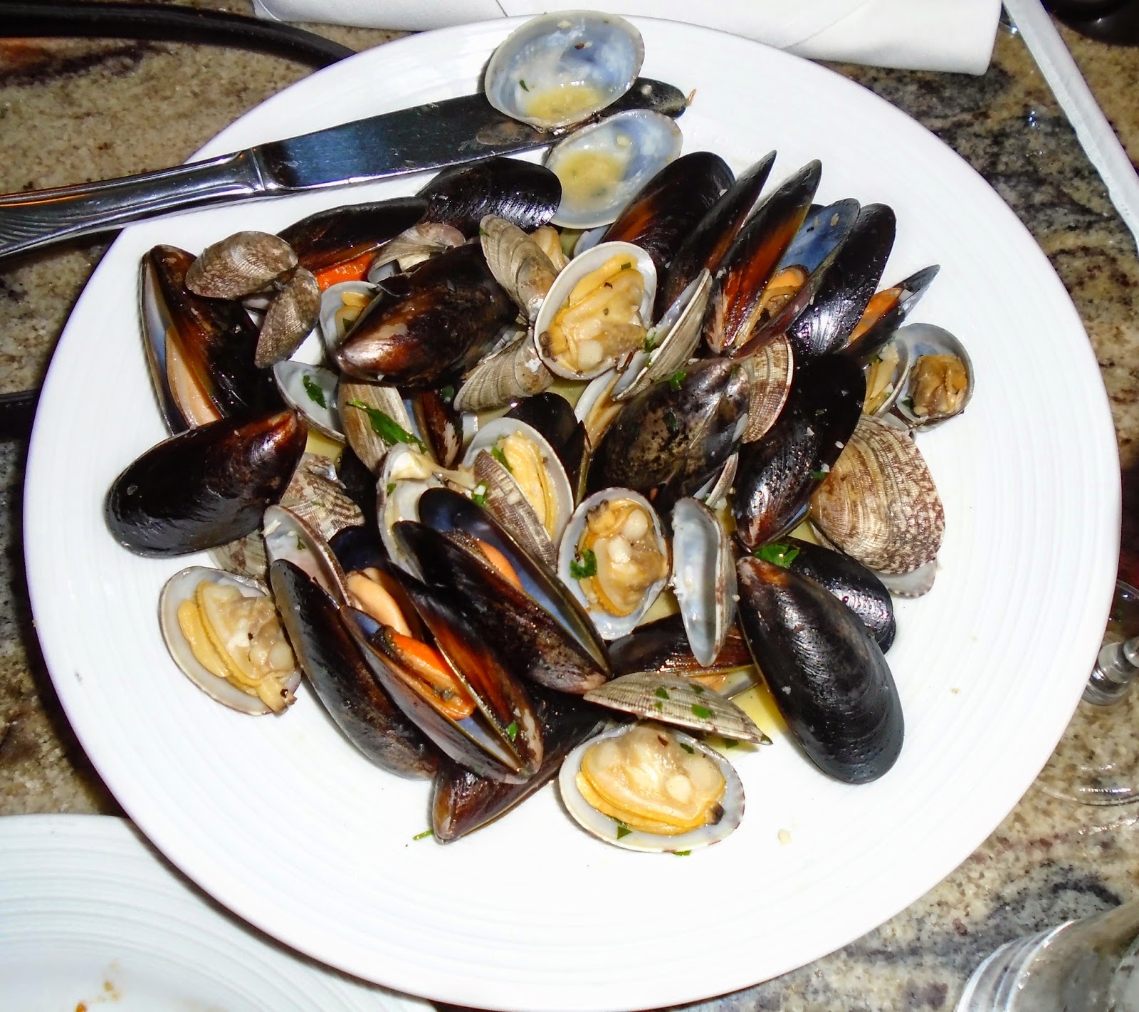 A close-up of the tender, juicy mussels and clams