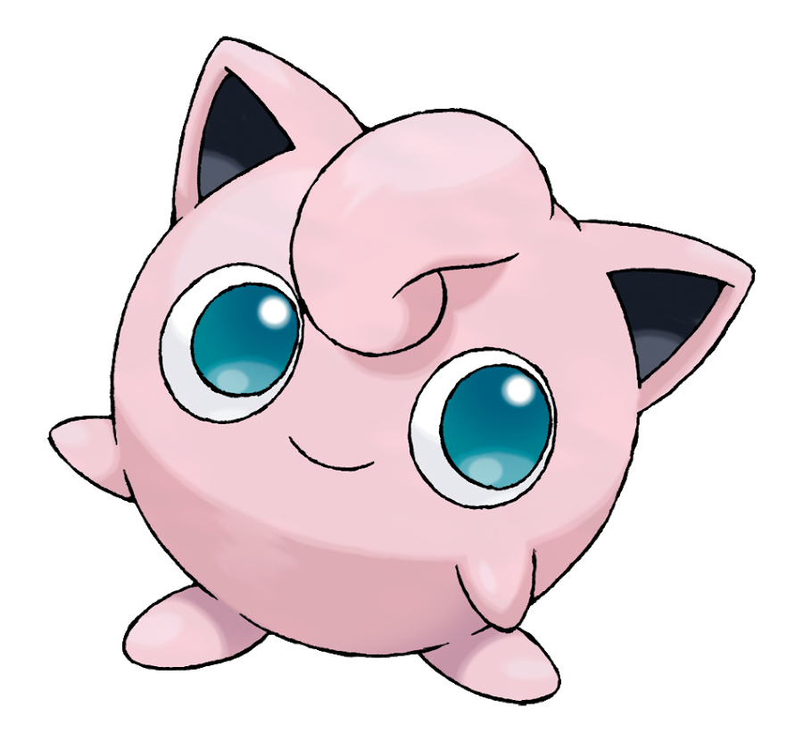 Imagen de Jugglypuff, Pokemon con forma de balón de color rosa, grandes ojos azul verdoso, orejas en forma de pico. y sin brazos ni piernas, solo manos y pies.