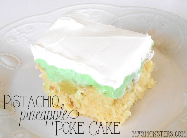 Pistachio Pineapple Poke Cake recipe -- a dessert spin on Watergate Salad at /