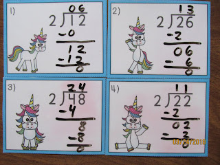 Unicorns Long Division Dividing by 2 Task Cards