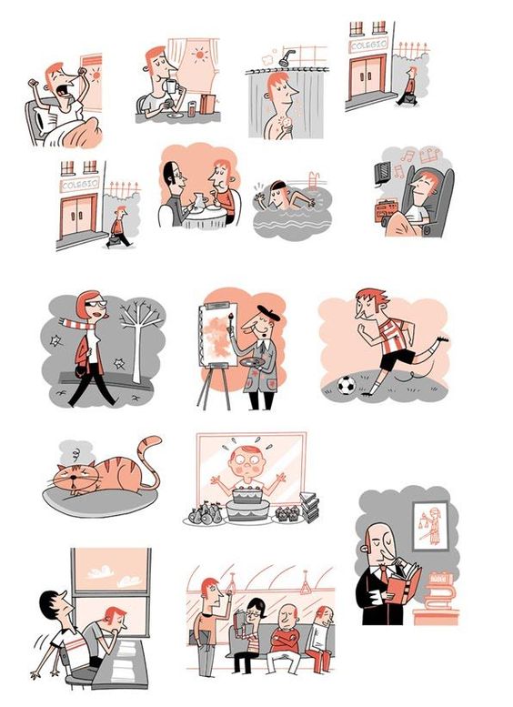 describe la rutina diaria de los diferentes personajes en presente de indicativo recuerda utilizar la persona indicada