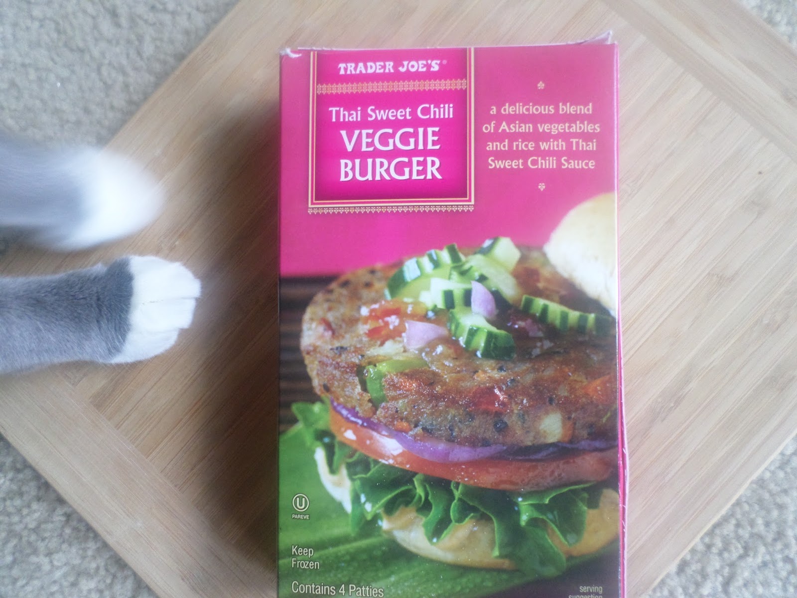 My cat loves Daiya! Trader Joe's Thai Sweet Chili Veggie Burgers