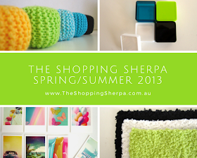 Advertisement showing the Spring/Summer 2013 range of modern dolls' house miniature items offered by The Shopping Sherpa: pouffes, storage boxes, posters and fluffy rugs.