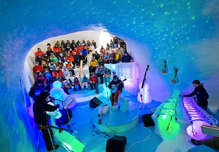 The Ice Music orchestra plays in a giant “cosmic igloo,” that glows and pulsates along with the music.