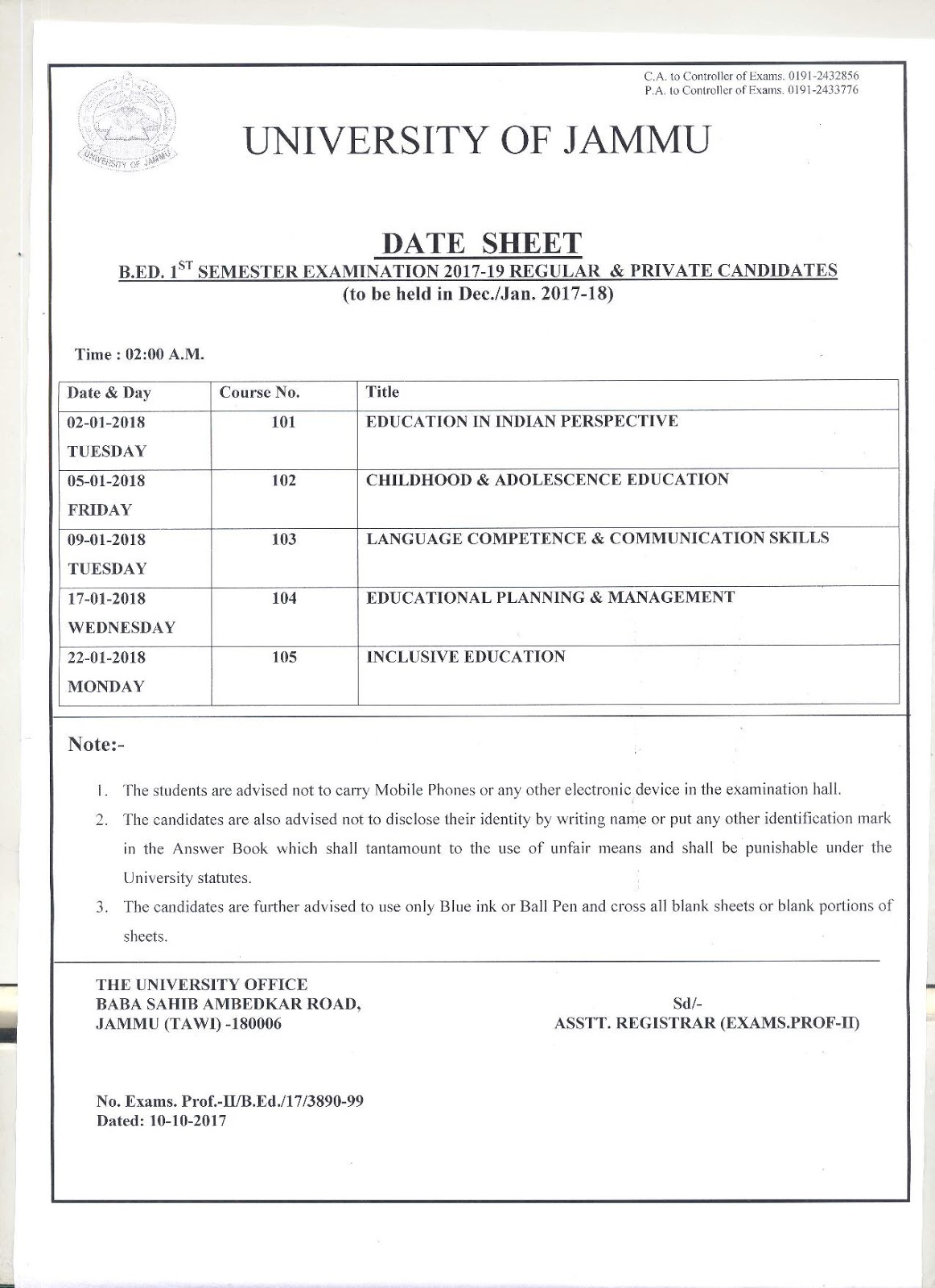 DATE SHEET OF B.ED 1ST SEM 201719 (REGULAR & PRIVATE) EXAM DEC 2017