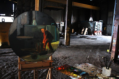 Plein air painting of oxycutting machinery in the interior of the disused foundry William Wallbank and Sons, Auburn painted by industrial heritage artist Jane Bennett