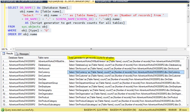 Microsoft Business Intelligence: Get Records counts for all tables in a ...