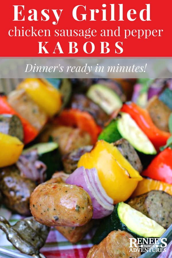 Easy Grilled Chicken Sausage and Pepper Kabobs | by Renee's Kitchen Adventures - Easy recipe for a quick and healthy weeknight dinner! Made with fully cooked sausage and fresh veggies for a meal   that's ready  in under 30 minutes!