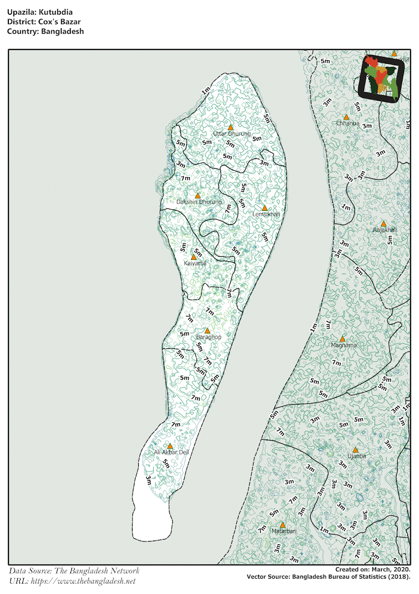 Kutubdia Upazila Elevation Map Cox's Bazar District Bangladesh