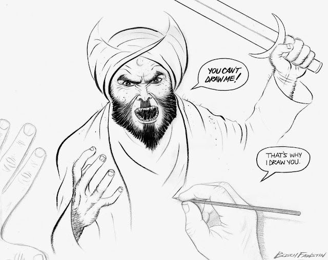 Drawing of Muhammad by Bosch Fawstin, top award winner at the "Muhammad Art Exhibit and Contest" in Garland, TX, May 3, 2015, which was attacked by two gunmen. (Depictions of Muhammad are forbidden in Islam.) The drawing depicts Mohammed with an angry face with a sword held high about to strike the viewer. In a different shade is a drawing of two hands working on the drawing. Mohamed says "You can't draw me!" and the artist responds saying "That's why I draw you."