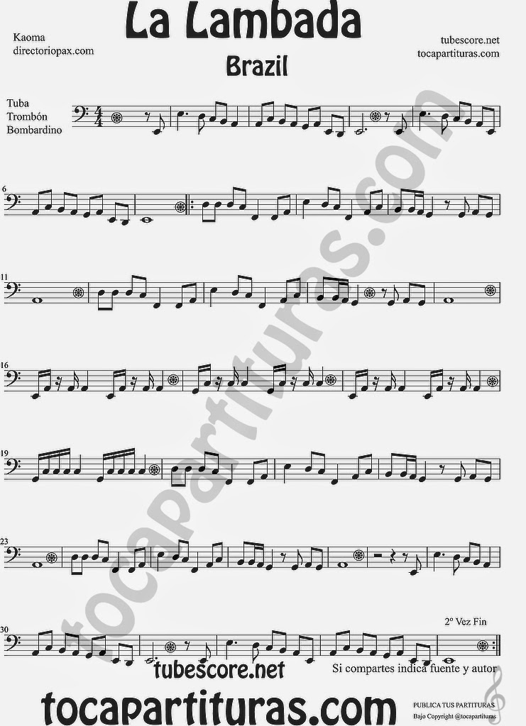  La Lambada partitura para Trombón Tuba Bombardino (La Lambada Sheet Music for Trombone tube euphonium music scores in bass clef, Chorando Se Foi Sheet Music)
