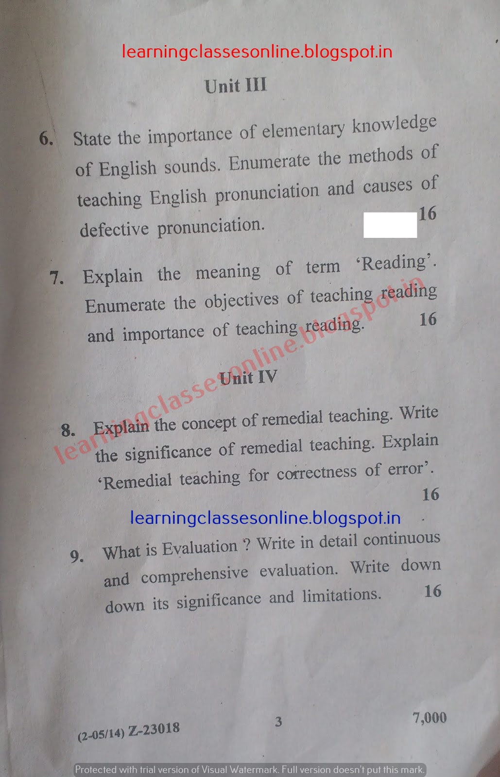 pedagogy of English Question Paper