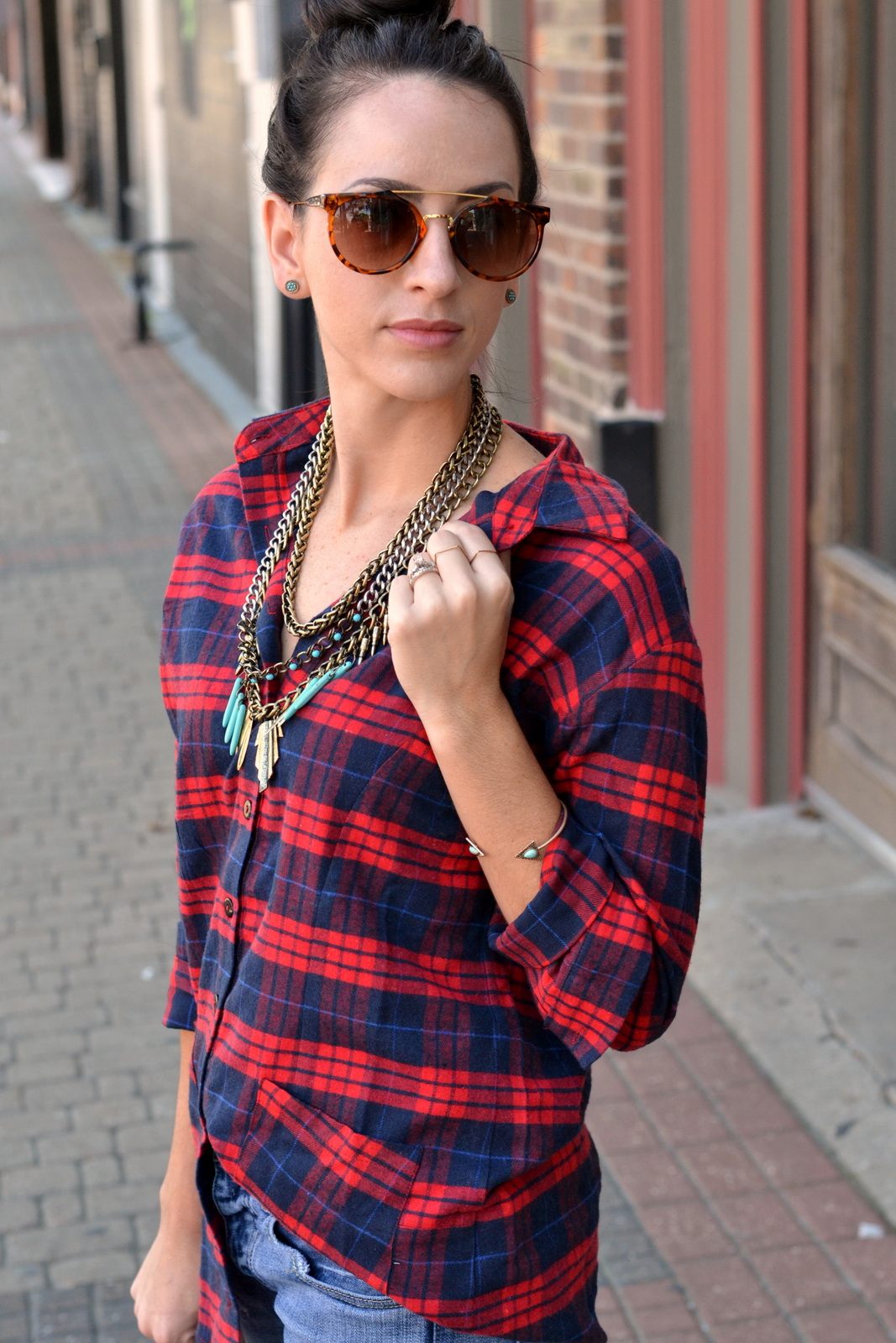 Flannel, Top Knot, Rings, Turquoise Statement Necklace 
