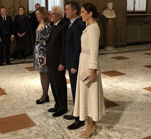 Crown Prince Frederik and Crown Princess Mary met with President Sergio Mattarella. Prada nude pointed toe pumps. Ole Yde dress