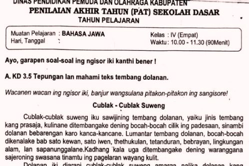 Soal Ulangan Bahasa Jawa Kelas 4 Semester 2 K13 Sekolahdasar Net