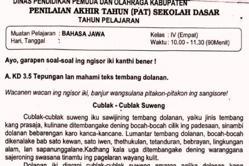 Soal Ulangan Bahasa Jawa Kelas 4 Semester 2 K13